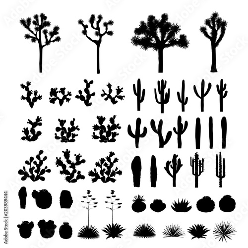 Big collection of black silhouettes of cacti, agaves, joshua tree, and prickly pear