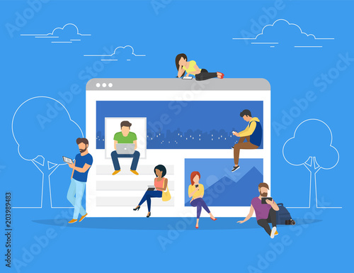 Networks webpage concept vector illustration of young people using mobile gadgets such as laptop, digital tablet and smartphone for social networks, news and sharing. Flat people sitting on web page