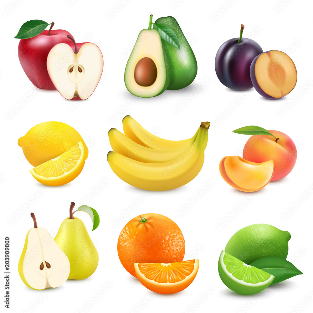 Картината върху платно Collection icons of fruit and berries in a milk splash