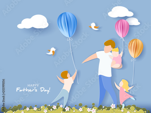 Handsome man with his children and color balloons. Happy fathers day card. Paper cut style. Vector illustration