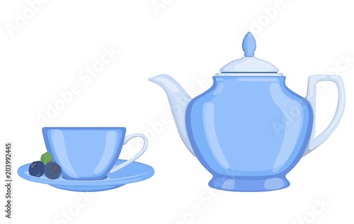 Tea set: tea pot and cup of tea. Vector illustration.