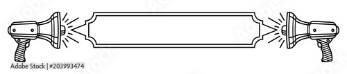 Two loudspeakers and a blank banner between Thin line black and white template for your message to the World