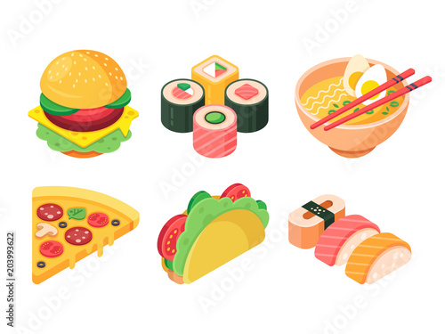 Set of colorful isometric fast food icons: burger, sushi, rolls, ramen, pizza and tacos. Favorite food. Isolated vector 3d illustration.