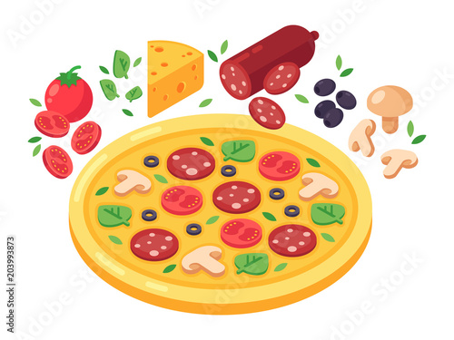 Pizza and products for pizza vector isometric illustration. Tomato, cheese, pepperoni, mushrooms and olives. Isolated isometric illustration on white background.