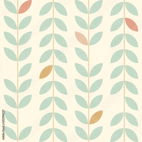 Leaves simple vertical pattern, seamless vector background in retro scandinavian style. Worn out texture