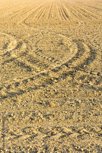 A dry harrowed land ready for sowing  showing light furrows and geometrical tracks of tractor tyres under a grazing light in the french countryside.