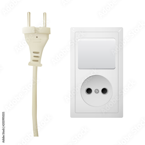 Electrical adapter with two outlet and switch. AC power plugs and sockets. Vector illustration.