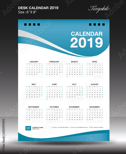Desk calendar 2019 year Size 6x8 inch vertical, Week start Sunday, business flyer, Blue background, vector illustration