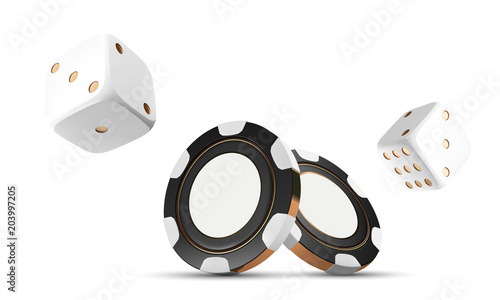 Casino chips and dice isolated on white. Casino game 3D chips. Online casino banner. Black realistic chip. Gambling concept, poker mobile app icon. Chips falling in the air
