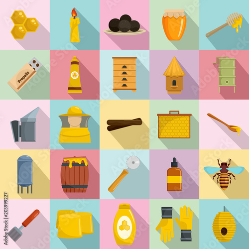 Propolis honey royal jelly icons set. Flat illustration of 25 propolis honey royal jelly vector icons for web