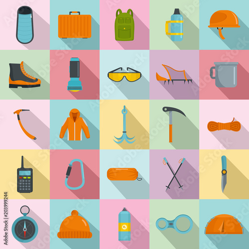 Mountaineering equipment icons set. Flat illustration of 25 mountaineering equipment vector icons for web