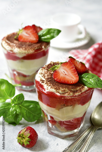 Strawberry basil tiramisu - traditional italian dessert.