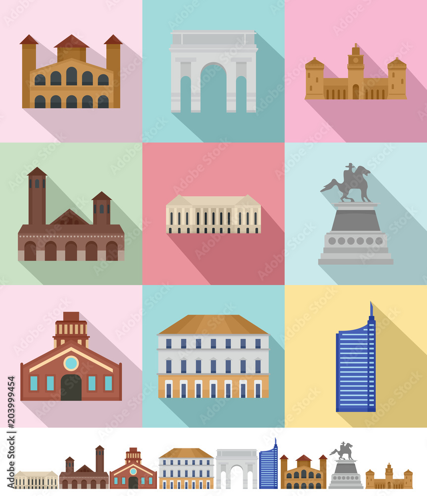 Milan Italy city skyline icons set. Flat illustration of 9 Milan Italy city skyline vector icons for web