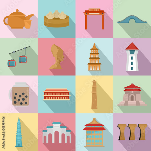 Taipei taiwan city skyline icons set. Flat illustration of 16 taipei taiwan city skyline vector icons for web