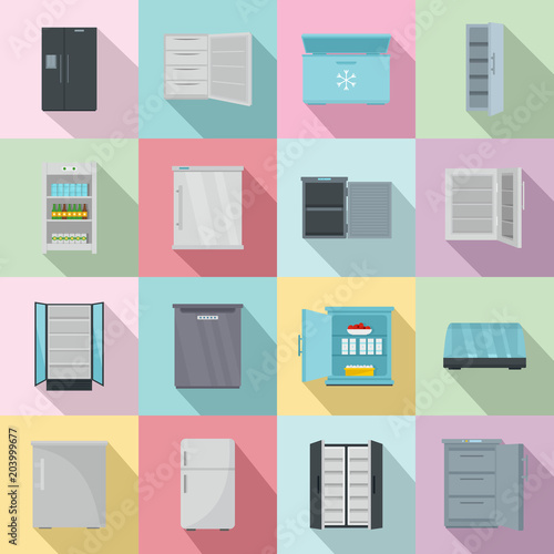 Freezer fridge frozen ice icons set. Flat illustration of 16 freezer fridge frozen ice vector icons for web