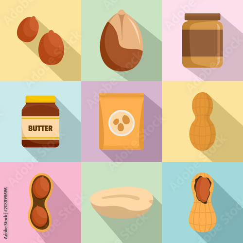 Peanut nuts butter jar icons set. Flat illustration of 9 peanut nuts butter jar vector icons for web