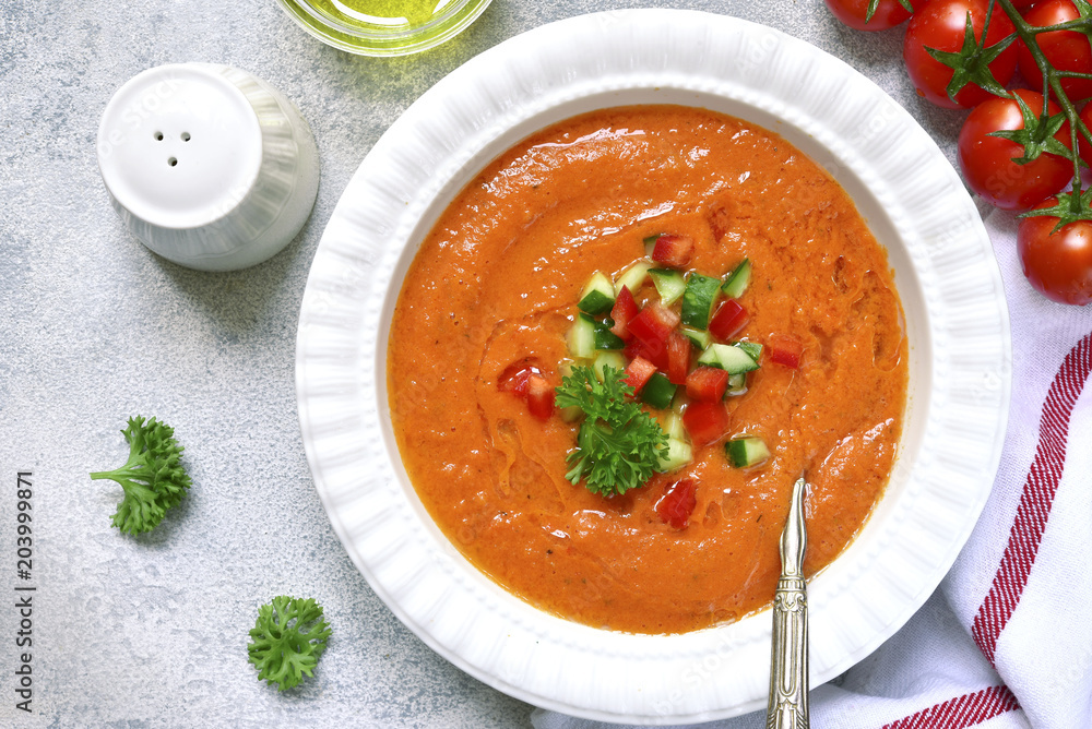 Tomato soup gazpacho or salmorejo.Top view . Tomato soup gazpacho or salmorejo.Top view .