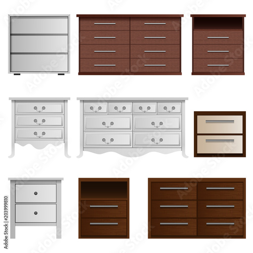 Nightstand bedside table mockup set. Realistic illustration of 9 nightstand bedside table mockups for web