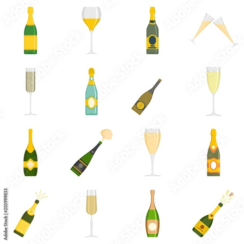 Champagne bottle glass icons set. Flat illustration of 16 champagne bottle glass vector icons isolated on white