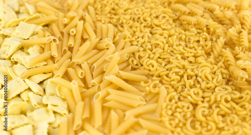 variety of raw pasta: curls, fideuá, macaroni and pasta stuffed with meat