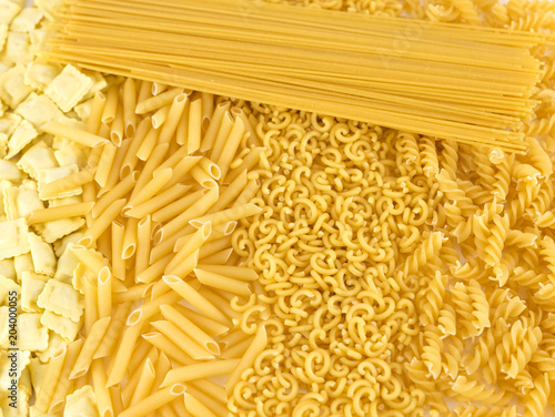 Raw pasta variety background: curls, fideuá, macaroni, pasta stuffed with meat and spaghetti
