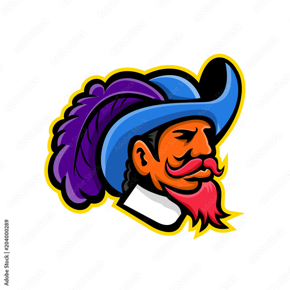 Ταπετσαρία Mascot icon illustration of head of a musketeer or cavalier wearing a cavalier hat that  is wide-brimmed and trimmed with an ostrich plume viewed from side on isolated background in retro style