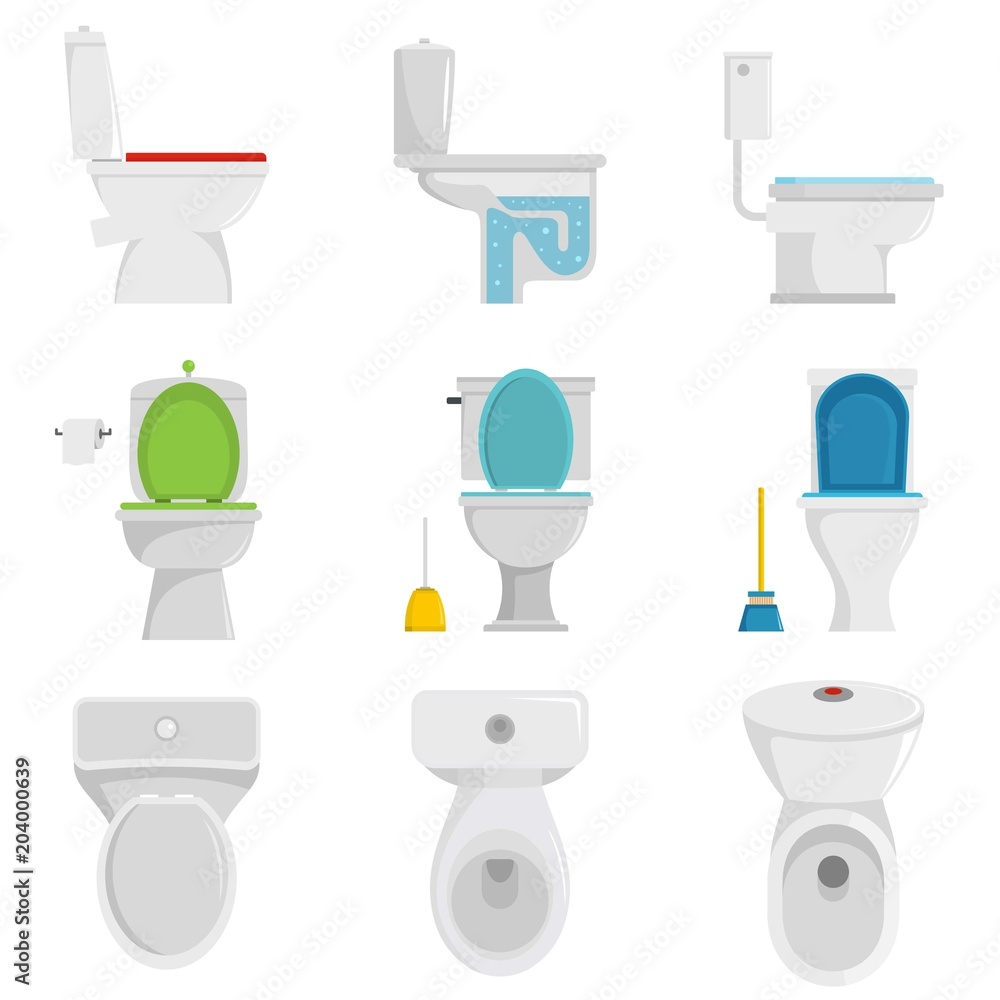 Toilet bowl icons set. Flat illustration of 9 toilet bowl vector icons  isolated on white Stock Vector | Adobe Stock