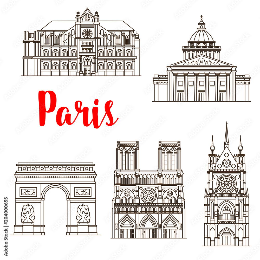 Paris famous landmarks vector buildings icons