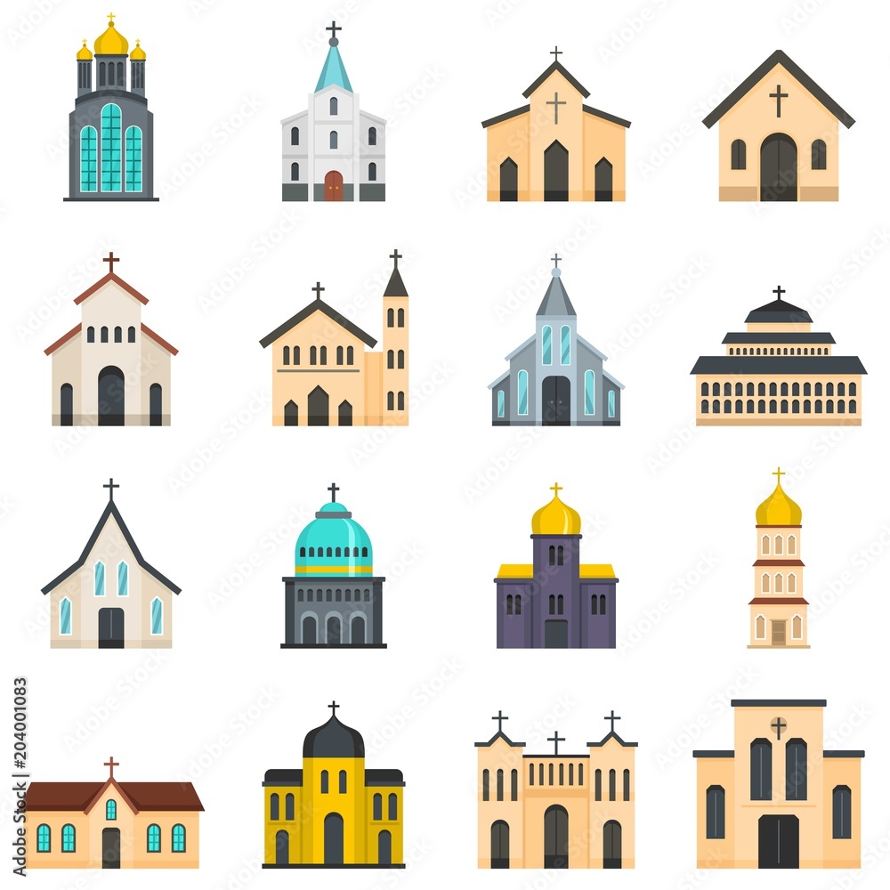 Church building icons set. Flat illustration of 16 church building vector icons isolated on white