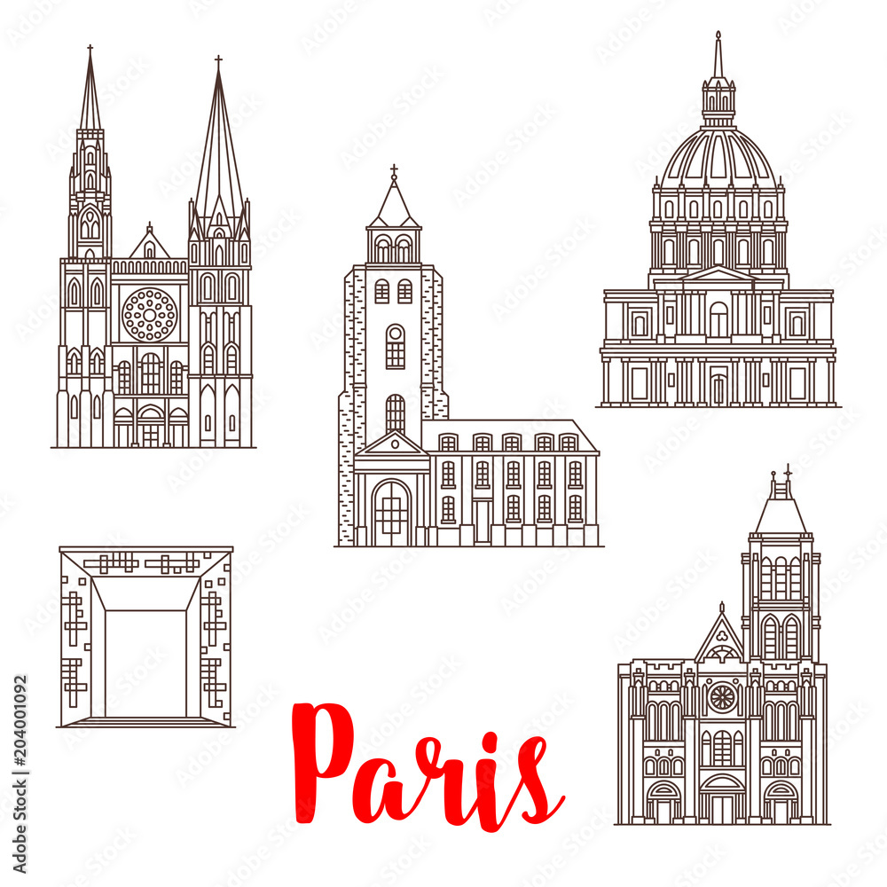 Paris travel landmarks vector buildings line icons
