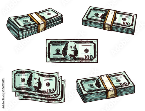 Dollars money banknote bundles vector sketch icons