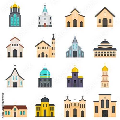 Church building icons set. Flat illustration of 16 church building vector icons isolated on white
