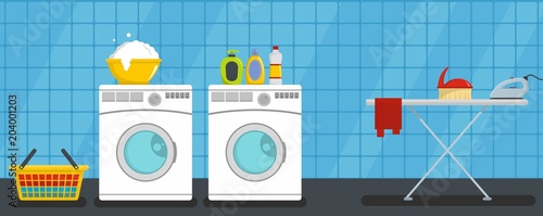 Interior laundry banner horizontal. Flat illustration of vector interior laundry banner horizontal for web design