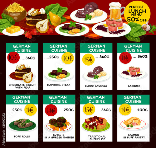 Vector menu price cards for German cuisine