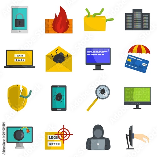 Cyber attack computer virus icons set. Flat illustration of 16 cyber attack computer virus vector icons isolated on white
