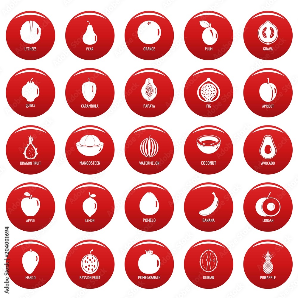 Fruits icons set. Simpe illustration of 25 fruits vector icons red isolated Fruits icons set. Simpe illustration of 25 fruits vector icons red isolated
