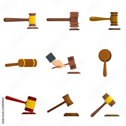 Judge hammer icons set. Flat illustration of 9 judge hammer vector icons isolated on white