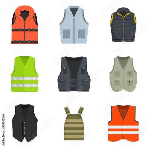 Vest waistcoat jacket suit icons set. Flat illustration of 9 vest waistcoat jacket suit vector icons isolated on white