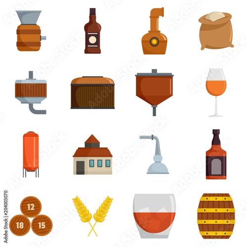 Whisky bottle glass icons set. Flat illustration of 16 whisky bottle glass vector icons isolated on white