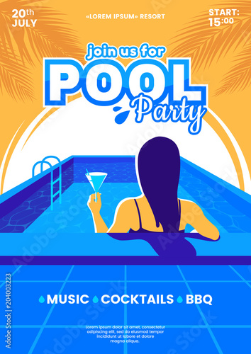 Summer pool party vector illustration. Beautiful young girl in swimming pool with cocktail in hand. Colorful invitation a4 poster. Eps 10.