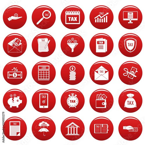 Taxes icons set. Simple illustration of 25 taxes vector icons red isolated