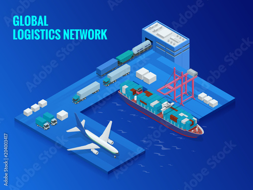 Global logistics network flat isometric vector illustration. Concept of air cargo trucking rail transportation maritime shipping On-time delivery Vehicles designed to carry large numbers