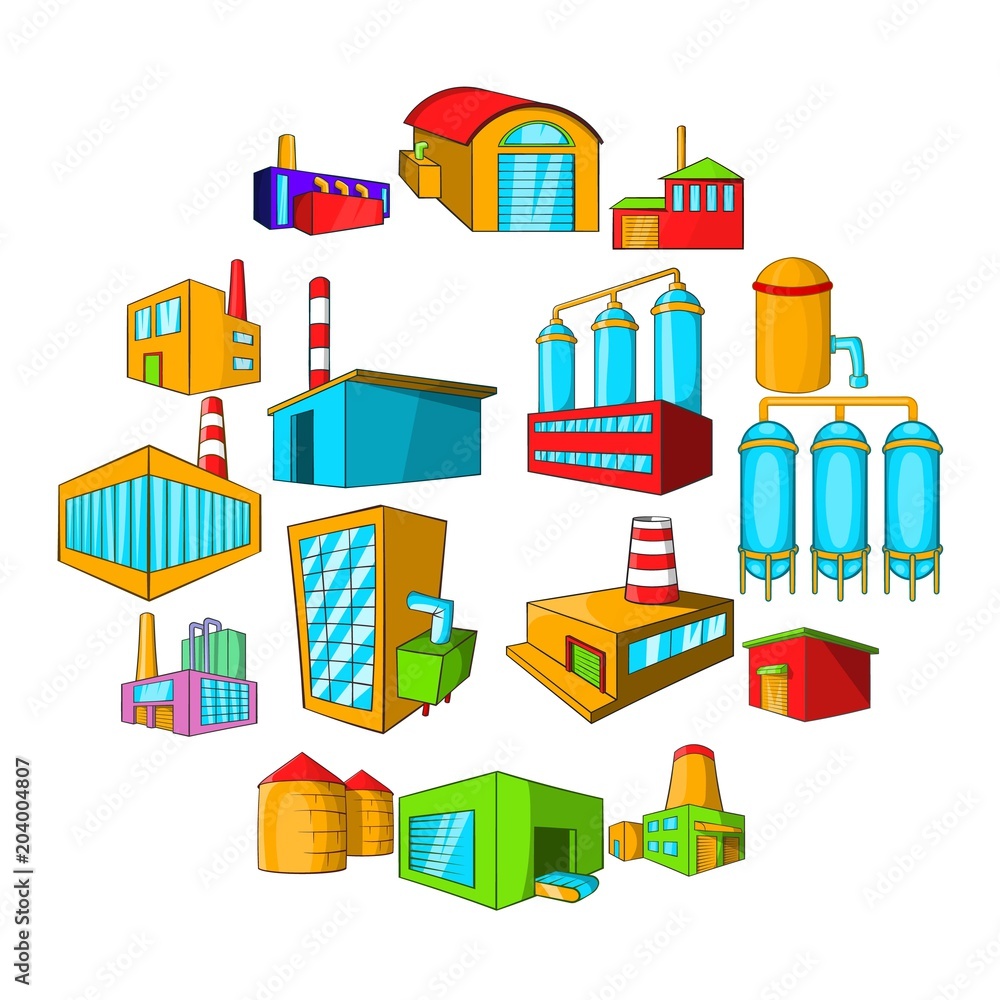 Industrial building plants and factories icons set