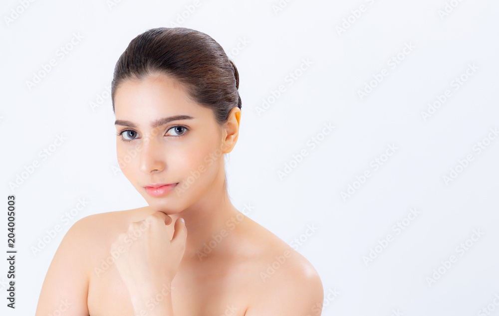 Portrait of beautiful brunette woman makeup of cosmetic, girl hand touch cheek and smile attractive, face of beauty perfect with wellness isolated on white background with skin healthcare concept. Portrait of beautiful brunette woman makeup of cosmetic, girl hand touch cheek and smile attractive, face of beauty perfect with wellness isolated on white background with skin healthcare concept.