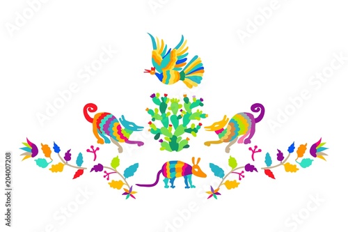 Vector folk Mexican Otomi Style embroidery Pattern set. Folk embroidery ornament elements.
