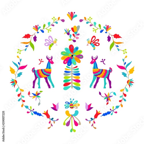 Vector folk Mexican Otomi Style embroidery Pattern set. Folk embroidery ornament elements.