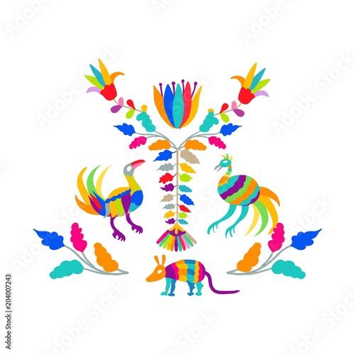 Vector folk Mexican Otomi Style embroidery Pattern set. Folk embroidery ornament elements.