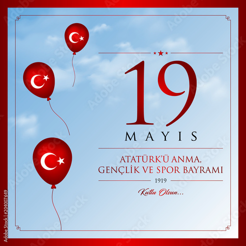 19 mayis Ataturk’u anma, genclik ve spor bayrami vector illustration. (19 May, Commemoration of Ataturk, Youth and Sports Day Turkey celebration card.)
