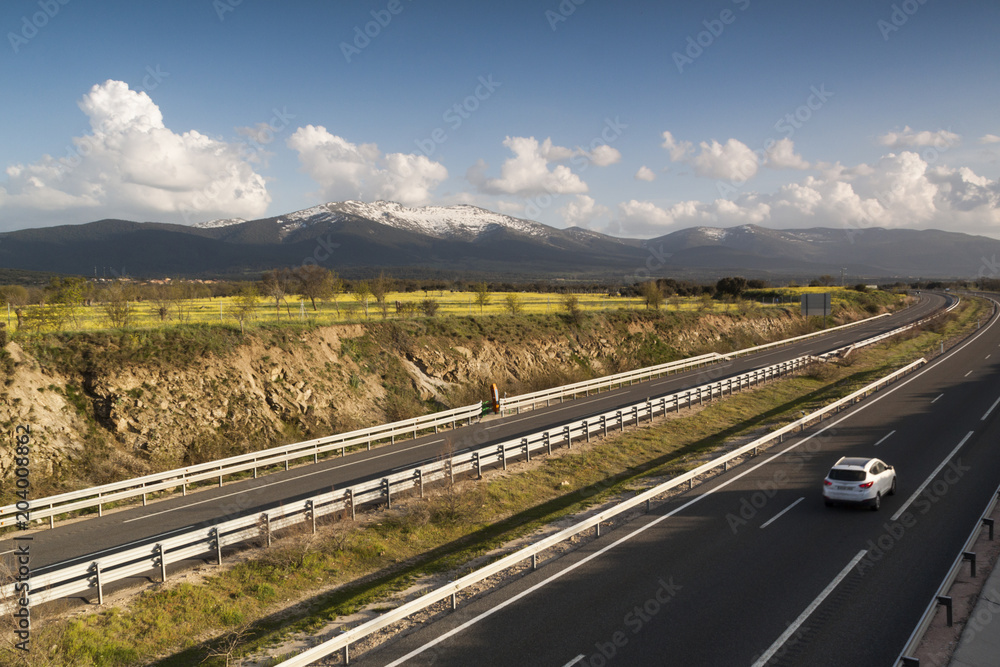 Freeway AP-61 Madrid-Segovia. Spain. Few vehicles