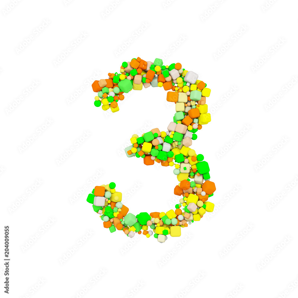 Alphabet number 3. Funny font made of orange, green and yellow shape cube. 3D render isolated on white background.
